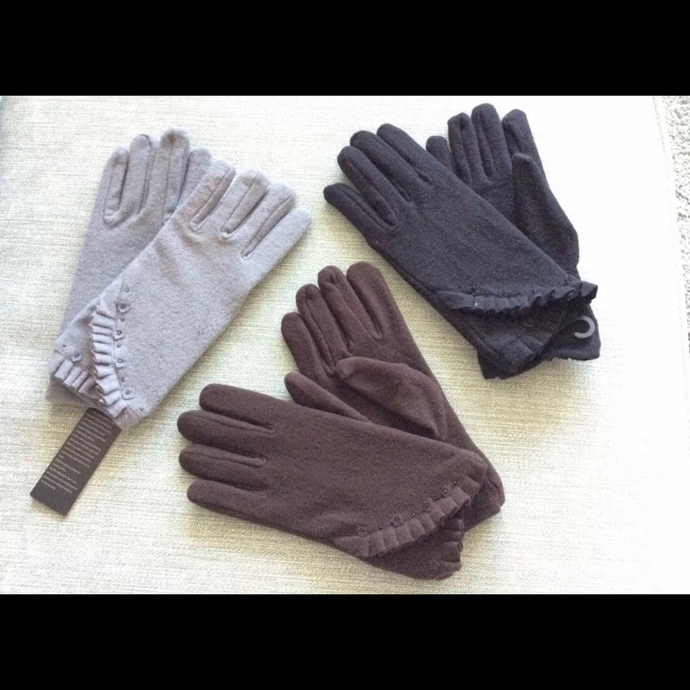 Ruffled beaded gloves, available in gray, brown, and black